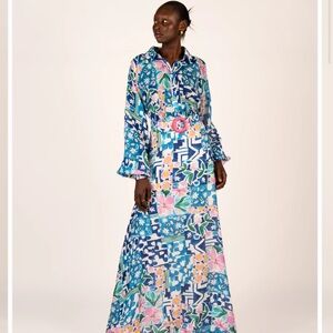 Vibrant Blue Floral Maxi Shirt Dress with Belt